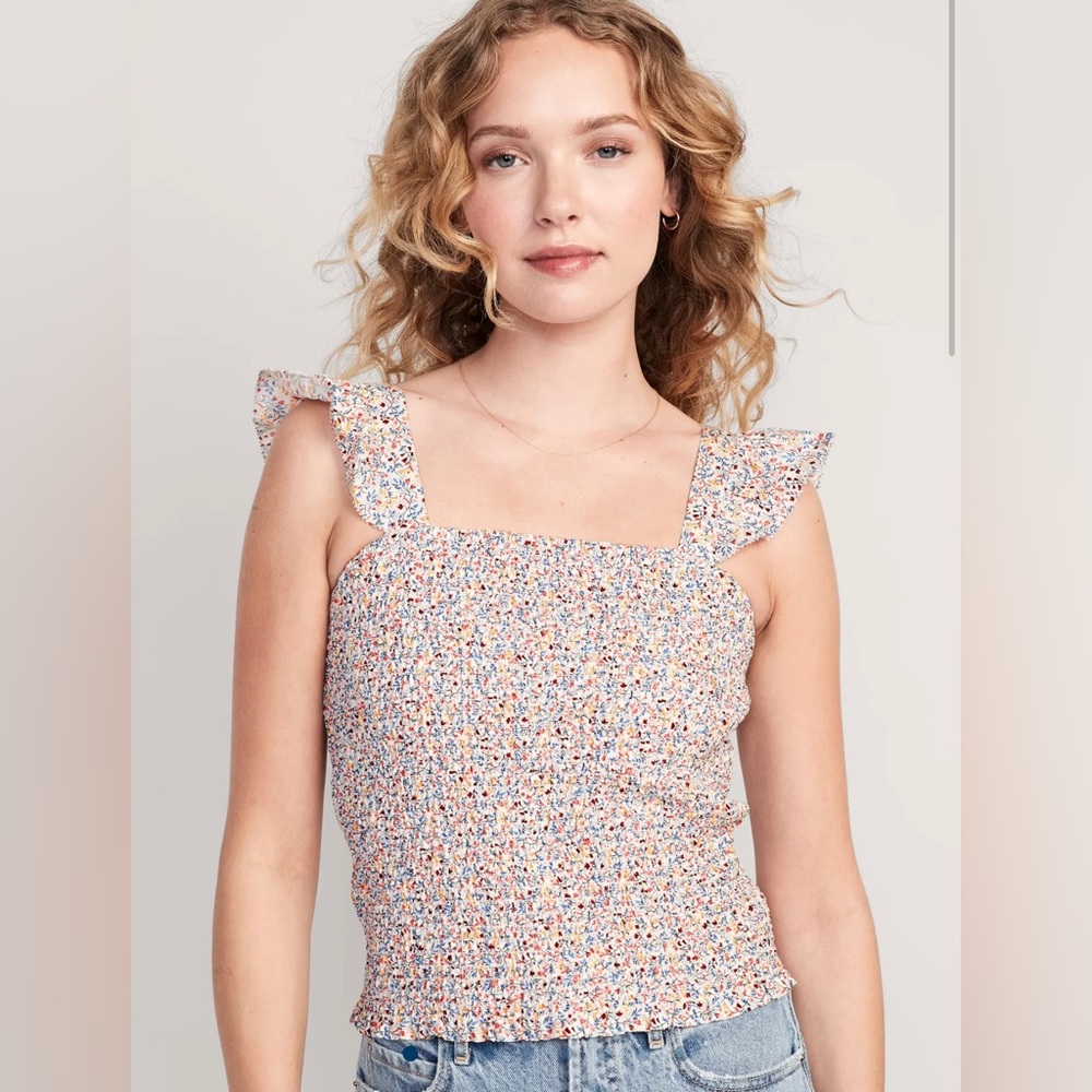 Old Navy Fitted Ruffle-Trim Smocked Top in Pink Ditsy Floral